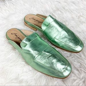 FREE PEOPLE Metallic Green Leather Slip On Mules